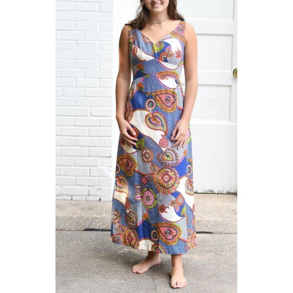 Vintage Sears Hawaiian Maxi‎ Dress 60s 70s Paisley Retro Funky Hippie Cotton S
